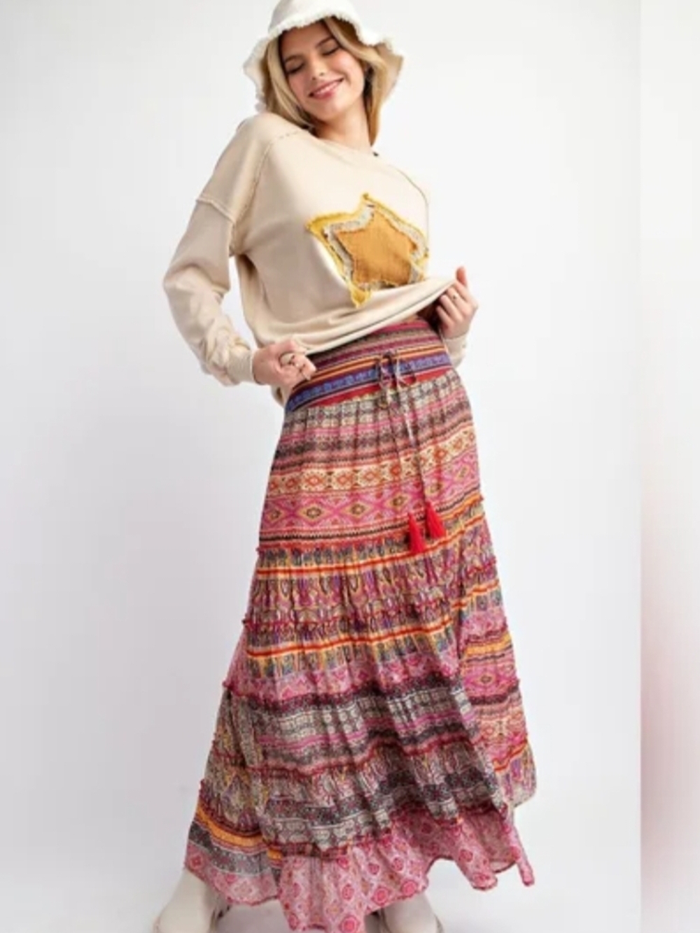 easel Multicolor Boho Tiered Maxi Skirt